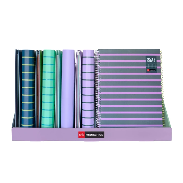 Miquel Rius Between The Lines Expositor con 8 Carpeblocs 4 Anillas 35mm 100 Hojas y 16 Notebooks1 A4 80 Hojas Cuadricula 5x5 1