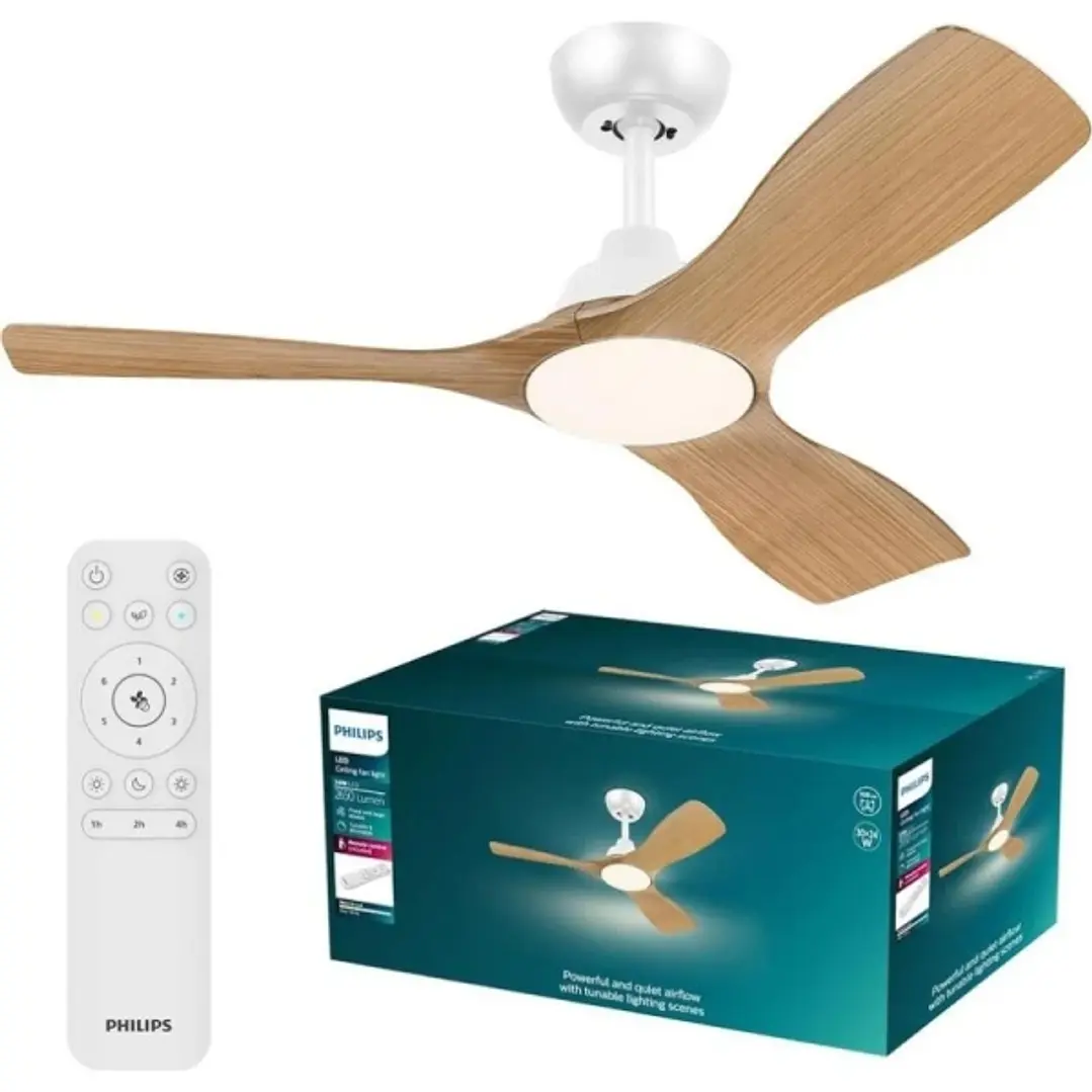 Philips Olas Fan Ceiling Ventilador de Techo con Luz LED Hasta 6500K - Aspas Fijas - 30W Ventilador + 24W Luz - Mando a Distancia - Color Blanco/Mader 1