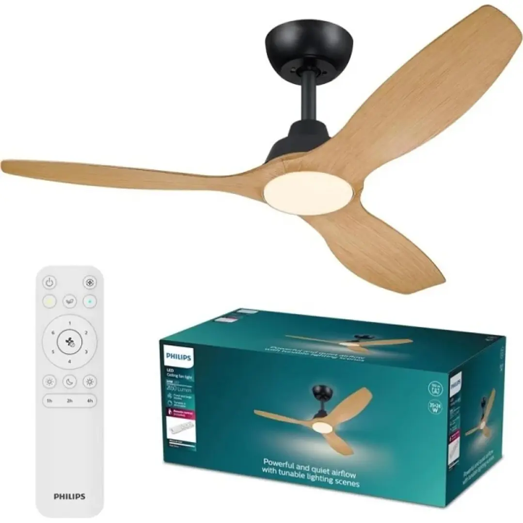 Philips Olas Fan Ceiling Ventilador de Techo con Luz LED Hasta 6500K - Aspas Fijas - 35W Ventilador + 24W Luz - Mando a Distancia - Color Negro/Madera 1