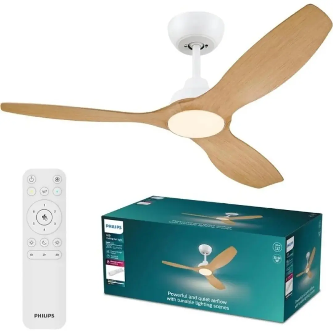Philips Olas Fan Ceiling Ventilador de Techo con Luz LED Hasta 6500K - Aspas Fijas - 35W Ventilador + 24W Luz - Mando a Distancia - Color Blanco/Mader 1