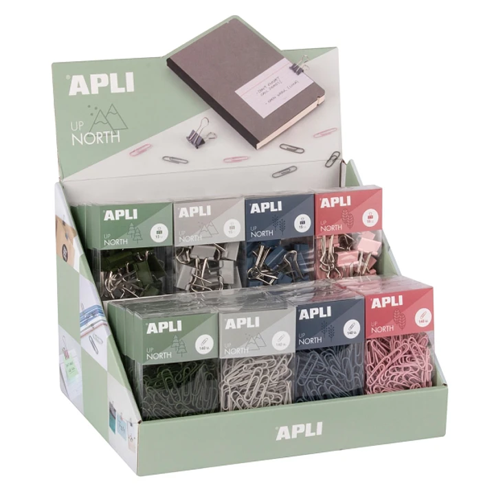 Apli Up North Expositor con 16 Cajas de 140 Clips 28mm + 16 Cajas de 15 Pinzas Metalicas 19mm - Colores Surtidos 1