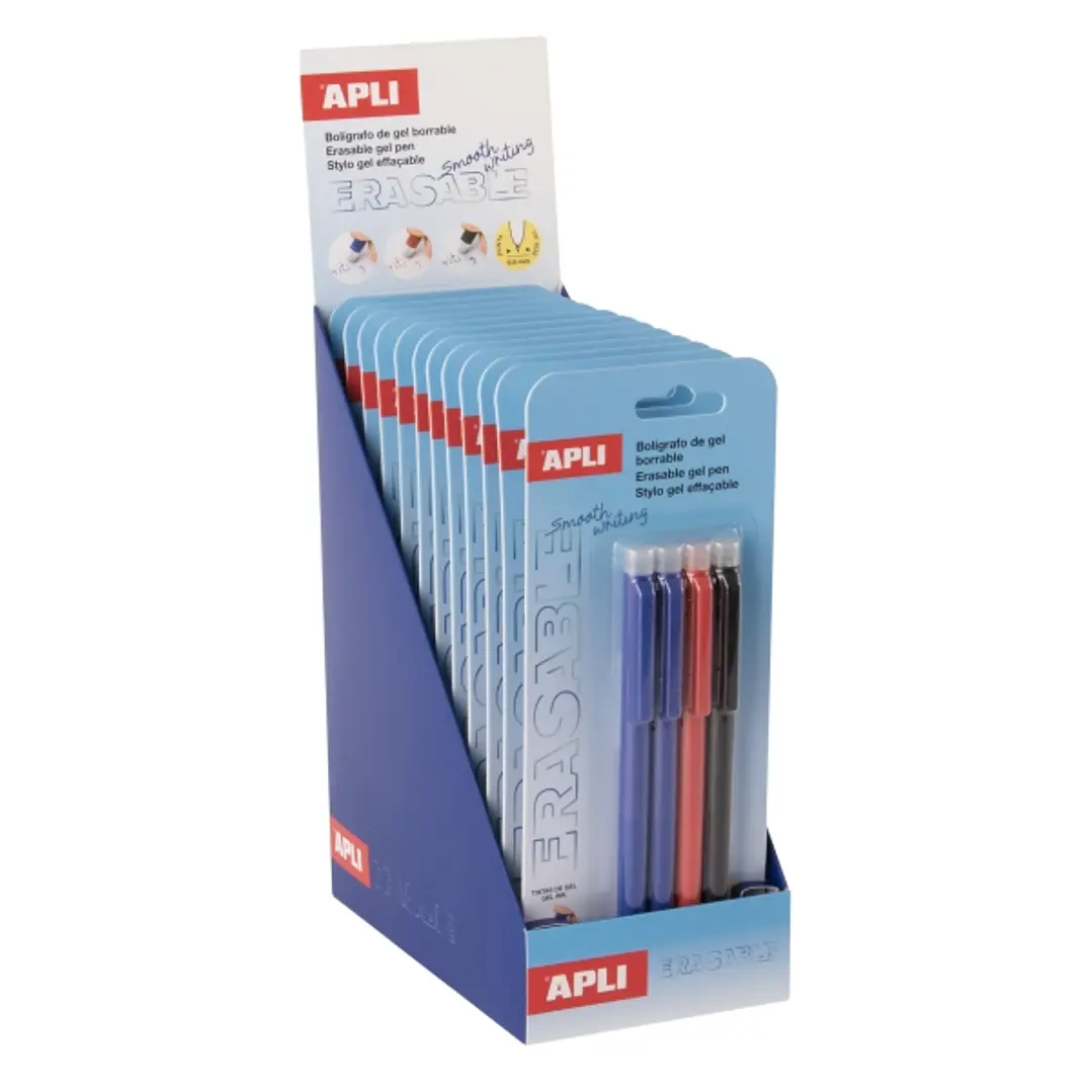 Apli Erasable Gel Expositor de 12 Blisters con 4 Boligrafos de Tinta Gel Borrables cada Uno - Punta de 0,5mm - Zona de Agarre de Silicona - Colores Az 1