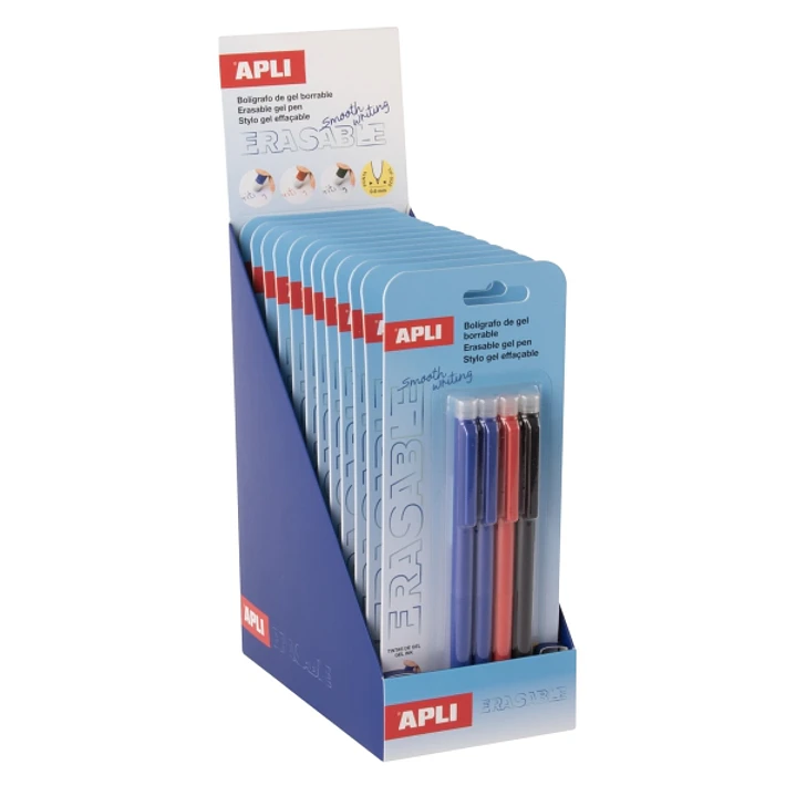 Apli Erasable Gel Expositor de 12 Blisters con 4 Boligrafos de Tinta Gel Borrables cada Uno - Punta de 0,5mm - Zona de Agarre de Silicona - Colores Az 1