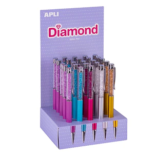 Apli Diamond Expositor con 25 Boligrafos Metalicos Retractiles - Mecanismo de Giro - Punta de 1mm - Tinta Color Azul - Colores Surtidos