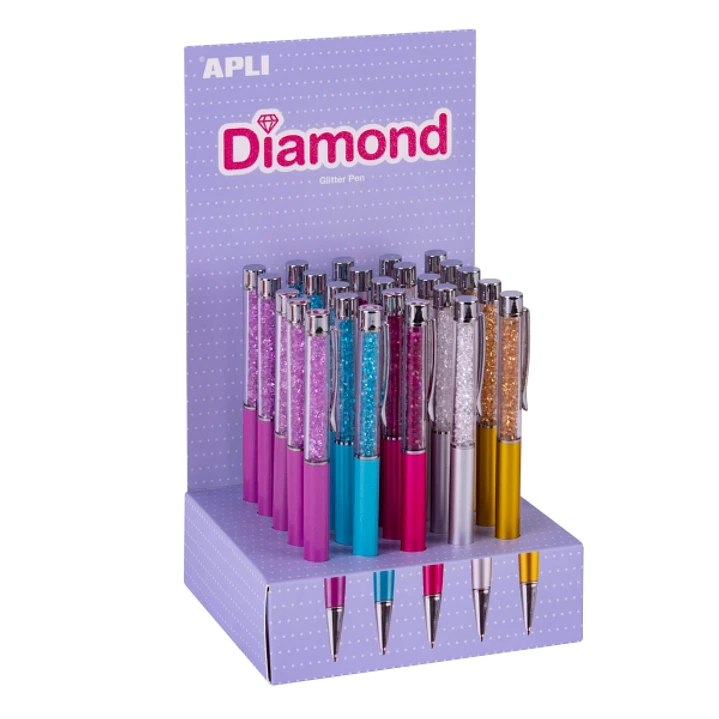 Apli Diamond Expositor con 25 Boligrafos Metalicos Retractiles - Mecanismo de Giro - Punta de 1mm - Tinta Color Azul - Colores Surtidos 1