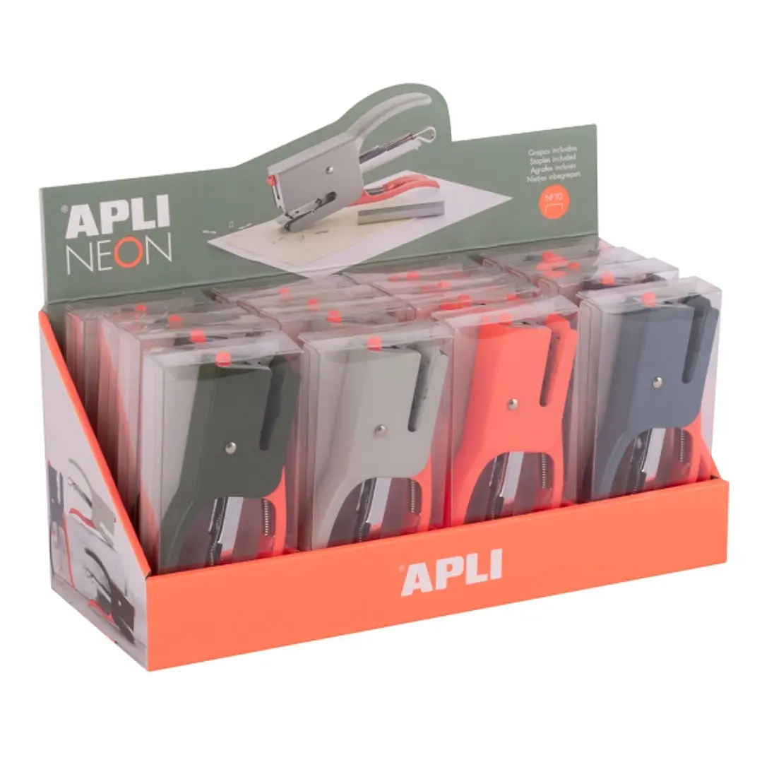 Apli Neon Expositor con 16 Grapadoras de Tenaza con 50 Grapas Nº10 cada Una - Capacidad de Grapado 12 Hojas - Diseño Ergonomico - Colores Surtidos 1