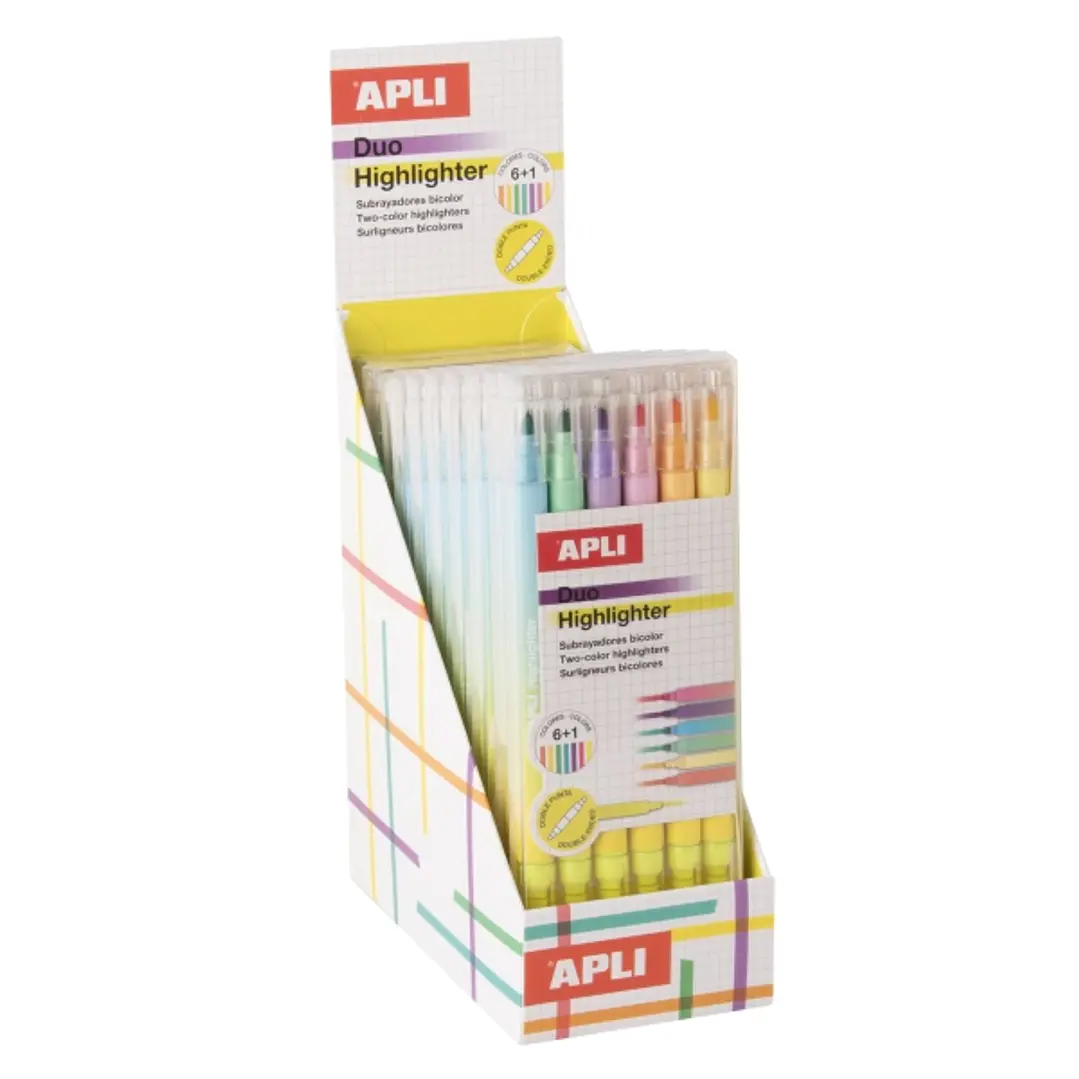 Apli Duo Highlighter Expositor con 10 Pack de 6 Marcadores Doble Punta - Ideal para Agendas, Libretas y Calendarios - Colores Surtidos 1