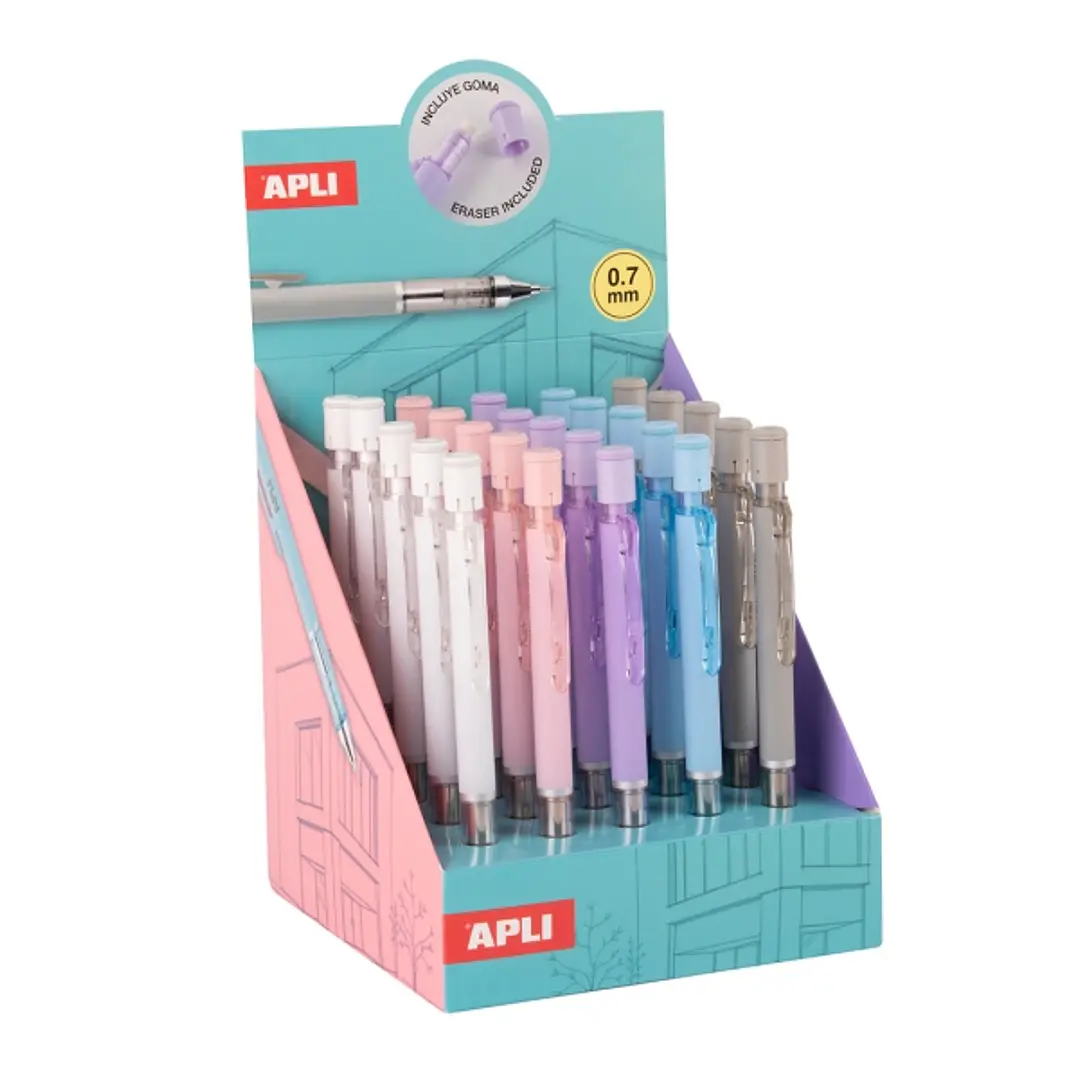 Apli Shake Expositor con 25 Portaminas 0.7mm - Permiten que la Mina Salga al Agitarlos - Con Goma - Colores Surtidos 1