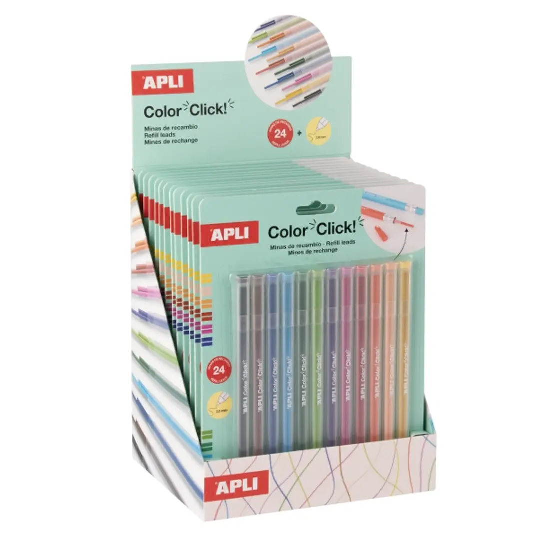 Apli Color Clik Expositor con 12 Packs de 24 Minas cada Uno - Para Portaminas Color Click - Colores Surtidos 1