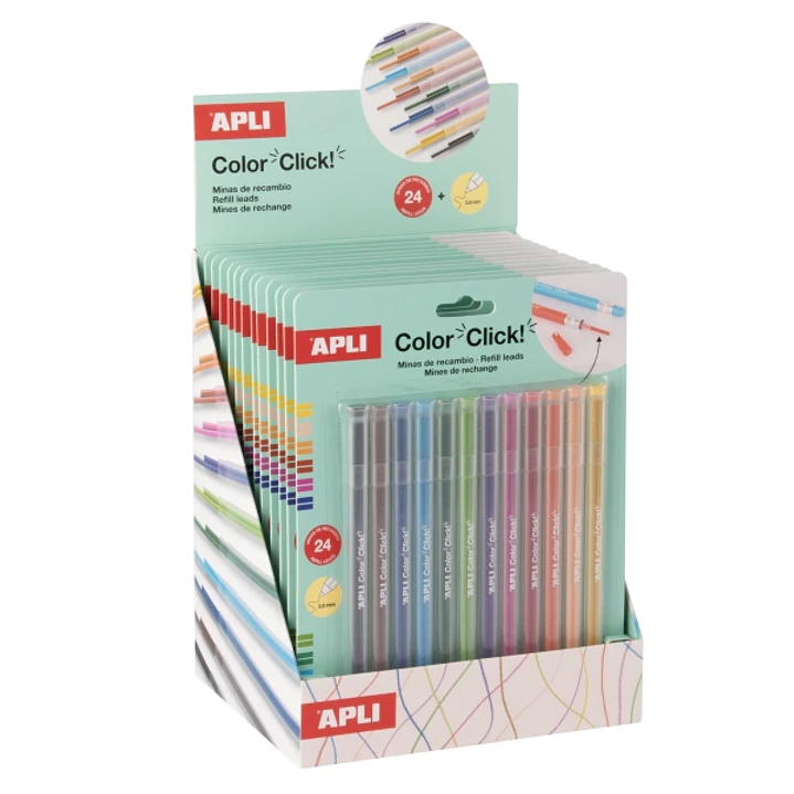 Apli Color Clik Expositor con 12 Packs de 24 Minas cada Uno - Para Portaminas Color Click - Colores Surtidos 1