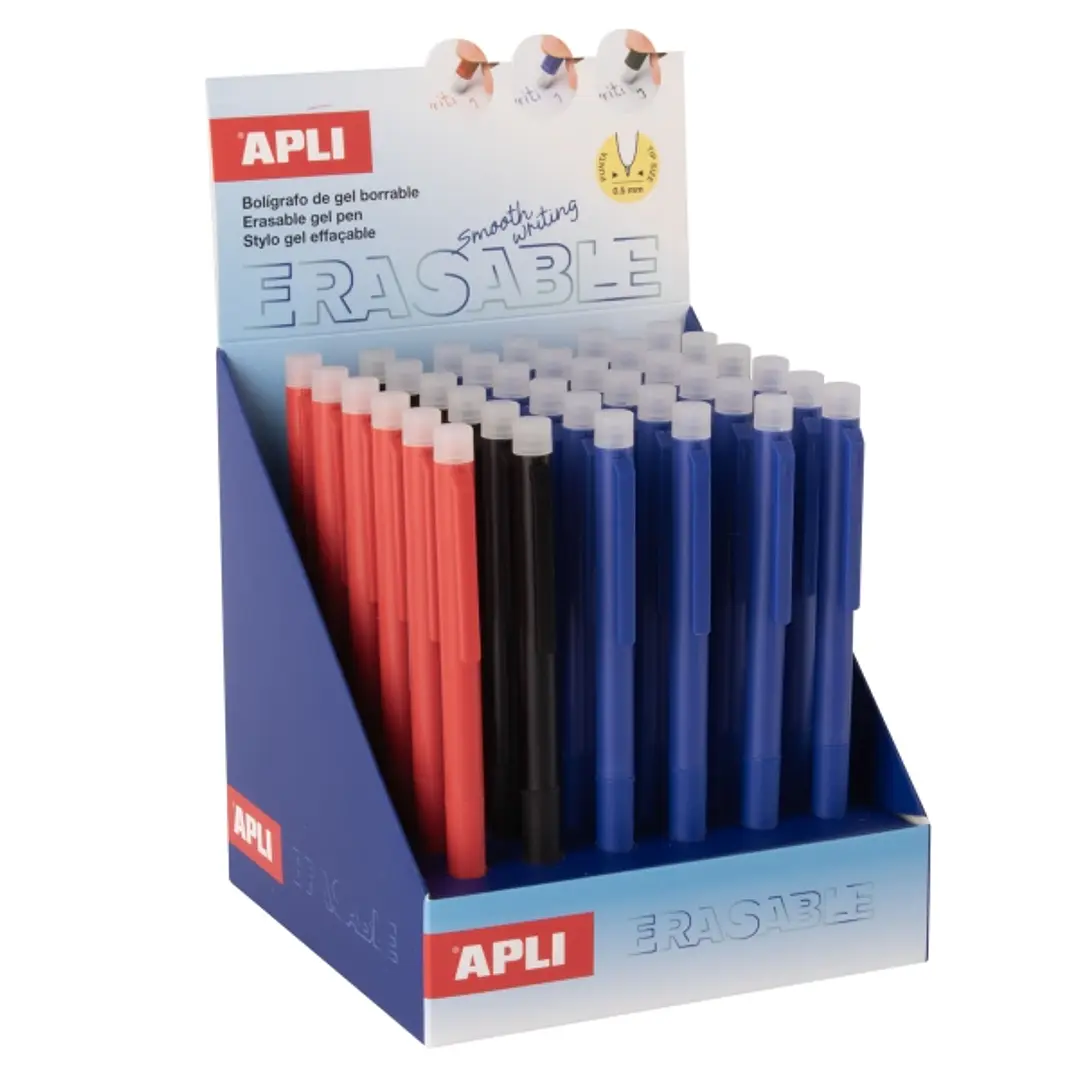 Apli Erasable Gel Expositor con 36 Boligrafos de Tinta Gel Borrables - Punta de 0,5mm - Zona de Agarre de Silicona - Colores Azul, Negro y Rojo 1