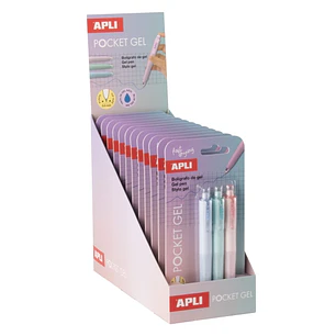 Apli Pocket Gel Expositor con 12 Blisters de 3 Mini Boligrafos de Tinta Gel Retractiles - Tinta Color Azul - Cuerpo de Diferentes Colores Pastel
