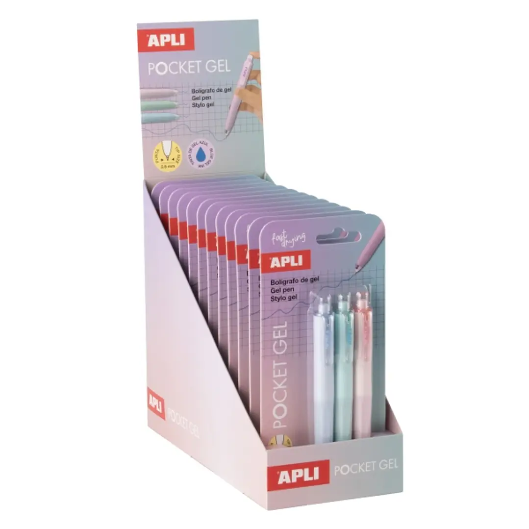 Apli Pocket Gel Expositor con 12 Blisters de 3 Mini Boligrafos de Tinta Gel Retractiles - Tinta Color Azul - Cuerpo de Diferentes Colores Pastel 1