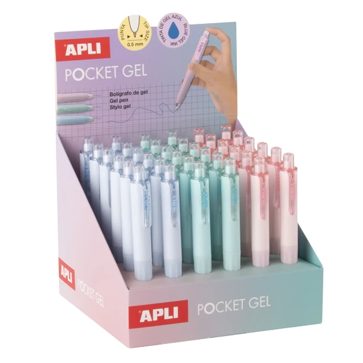 Apli Pocket Gel Expositor con 36 Mini Boligrafos de Tinta Gel Retractiles - Tinta Color Azul - Cuerpo de Diferentes Colores Pastel 1
