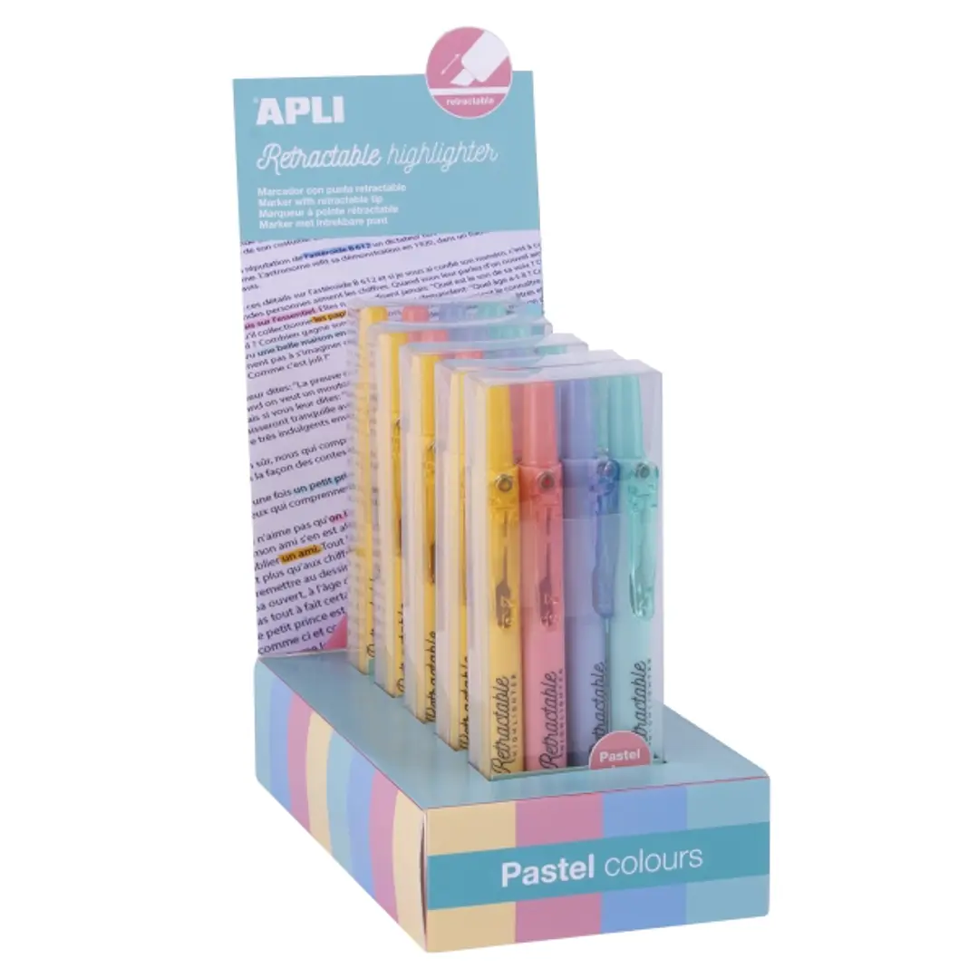 Apli Highlighter Retractil Expositor con 5 Packs de 4 Subrayadores Retractiles - Punta Biselada 4mm - Colores Pastel Surtidos 1