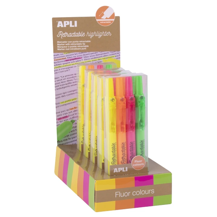 Apli Highlighter Retractil Expositor con 5 Packs de 4 Subrayadores Retractiles - Punta Biselada 4mm - Colores Fluor Surtidos 1