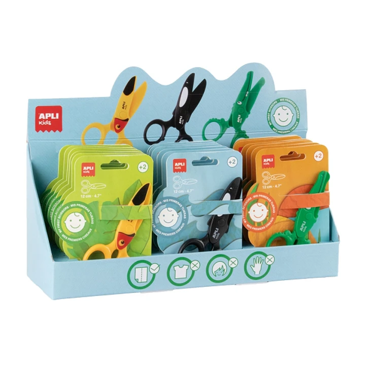 Apli Kids Expositor con 18 Tijeras Preescolares 12cm - Sistema de Seguridad que Evita Cortes en la Piel, el Pelo o la Ropa - Con Formas de Animales -  1
