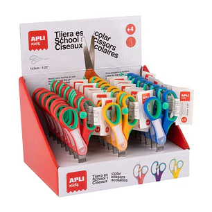 Apli Kids Expositor con 24 Tijeras Escolares 13 cm - Punta Redondeada - Ergonomicas - Espacio para el Nombre - Uso Ambidiestro - Colores Surtidos