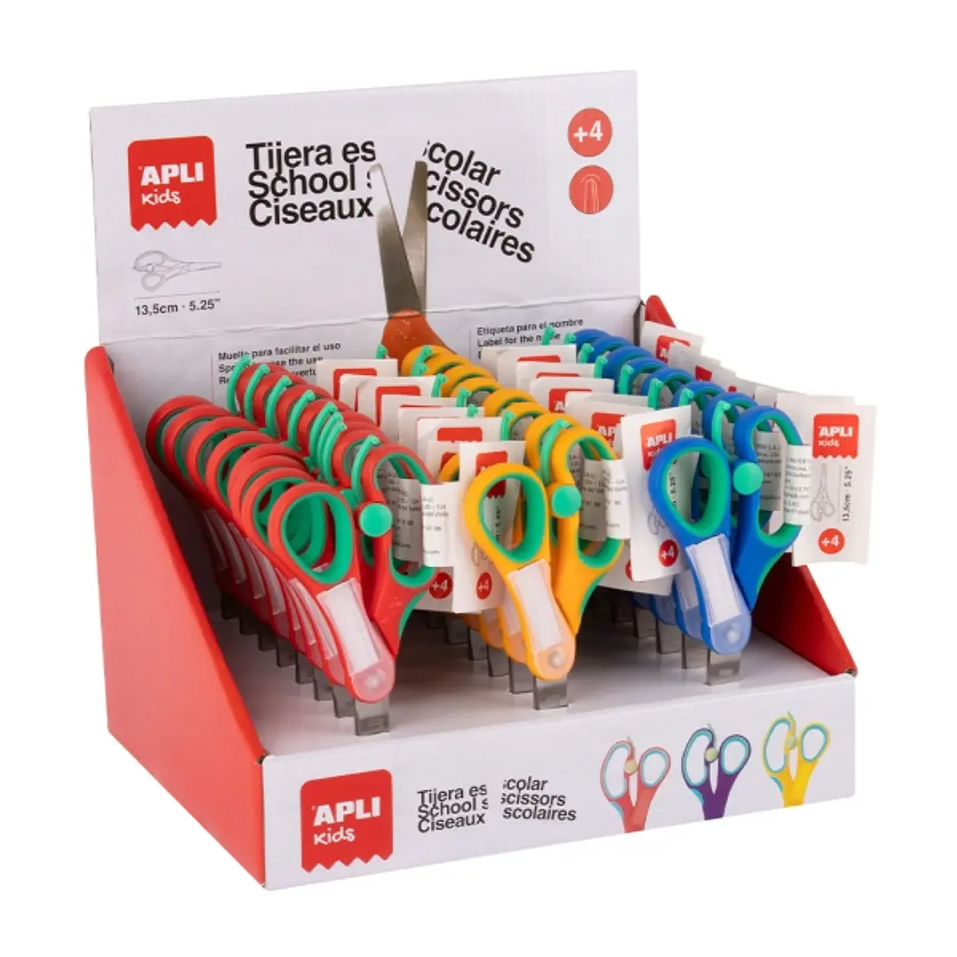 Apli Kids Expositor con 24 Tijeras Escolares 13 cm - Punta Redondeada - Ergonomicas - Espacio para el Nombre - Uso Ambidiestro - Colores Surtidos 1