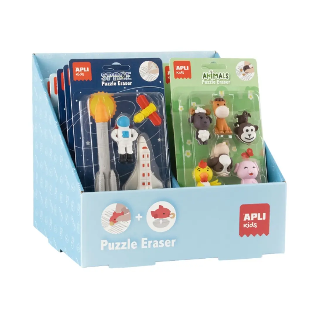 Apli Expositor con 12 Packs de de Gomas Puzzle - Divertidas Gomas de Borrar - Se Pueden Montar y Desmontar para Jugar con Ellas - 4 Tematicas Diferent 1