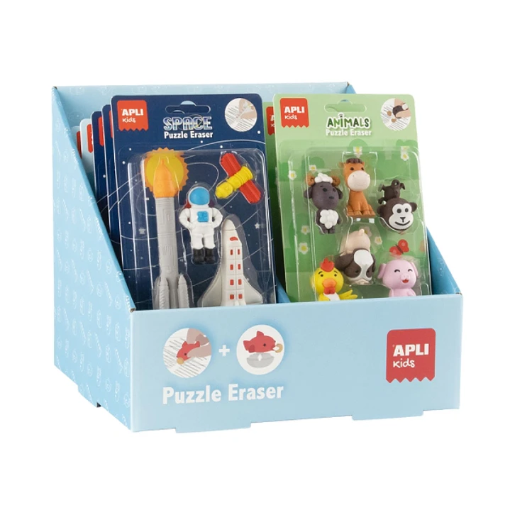 Apli Expositor con 12 Packs de de Gomas Puzzle - Divertidas Gomas de Borrar - Se Pueden Montar y Desmontar para Jugar con Ellas - 4 Tematicas Diferent 1