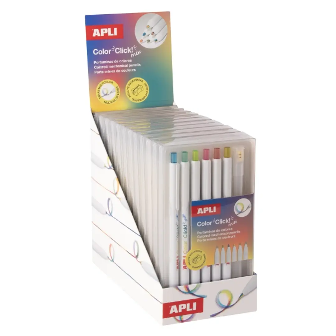Apli Color Clik Mix Expositor con 12 Packs de 6 Portaminas con Minas Multicolor 3mm + 1 Sacapuntas - Forma Redonda - Colores Surtidos 1