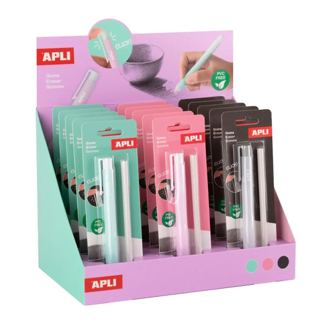 Apli Expositor con 15 Packs de Portagoma con Goma + Recambio - Sin PVC - 3 Colores Surtidos 1