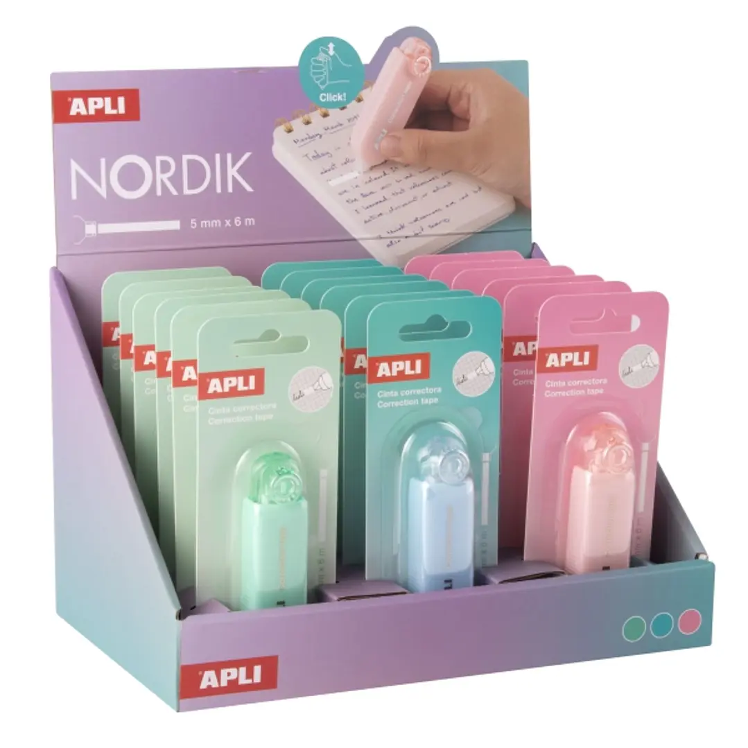Apli Nordik Expositor de 18 Cintas Correctoras de 5mmx6m - Aplicacion Limpia y Precisa - Rapida Cobertura - Cuerpo en Colores Pastel 1