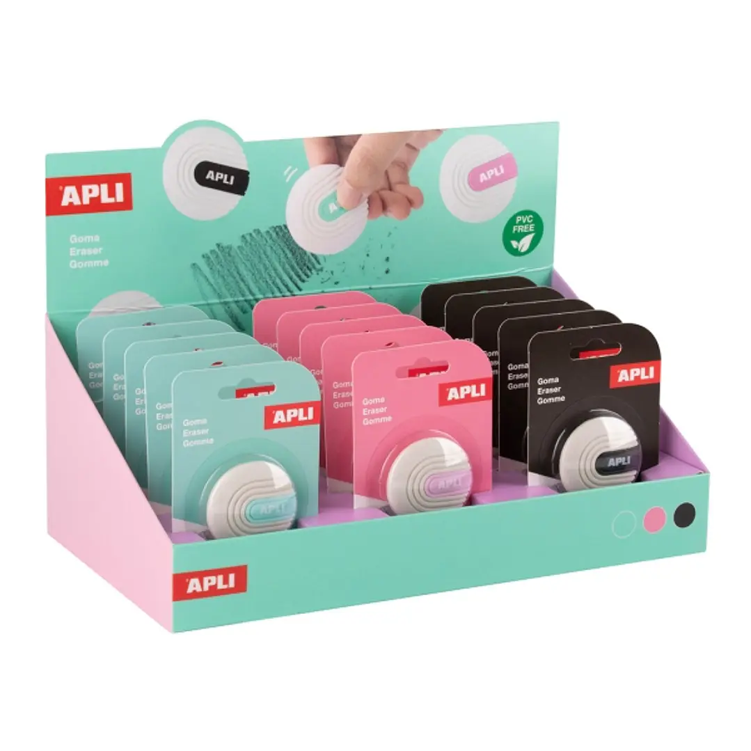 Apli Expositor con 15 Gomas de Borrar - Forma Redonda - Sin PVC - Color Blanco con Detalle en Verde, Azul y Negro 1