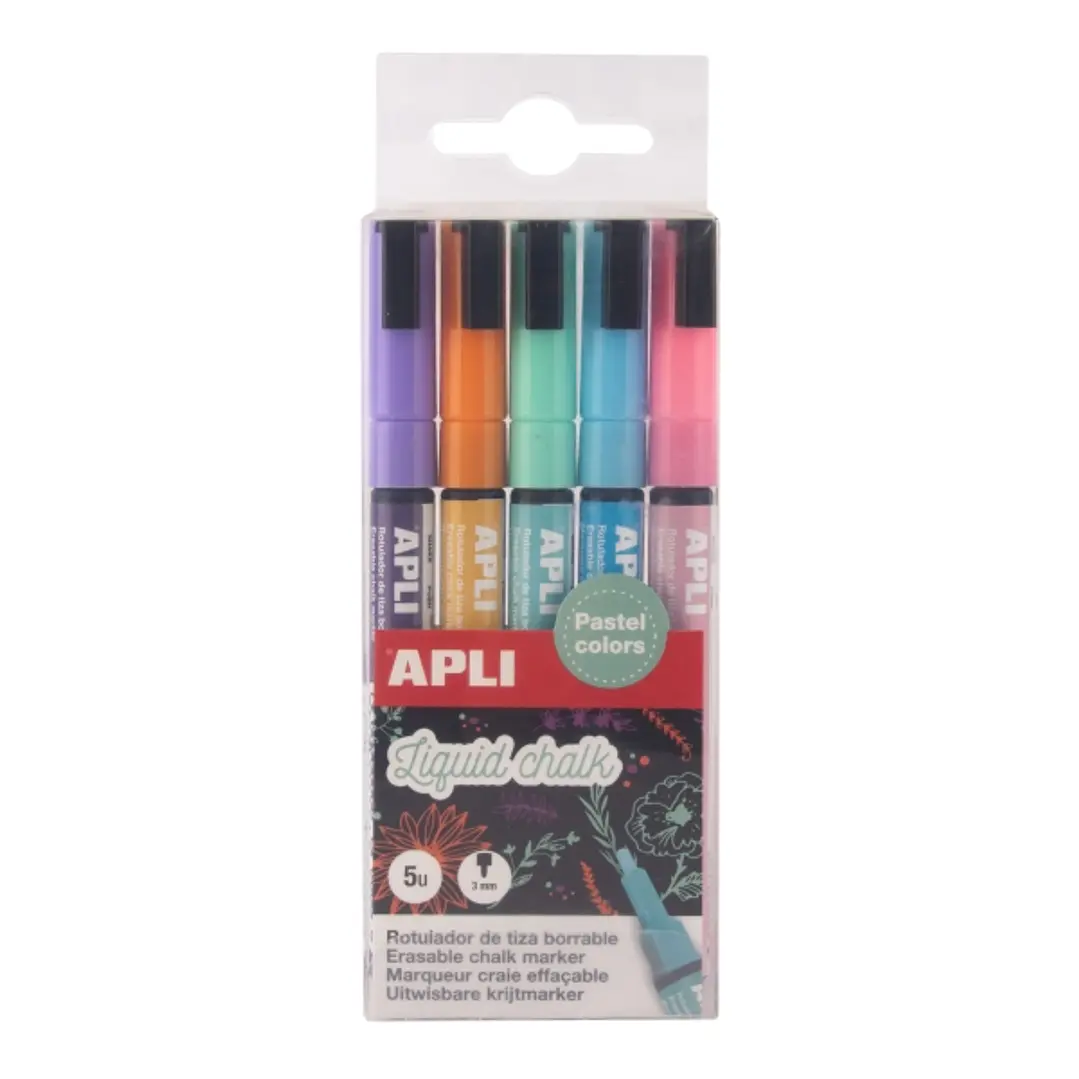 Apli Pack de 5 Rotuladores de Tiza Liquida - Punta Redonda 3mm - Secado Rapido - Colores Patel Surtidos 1