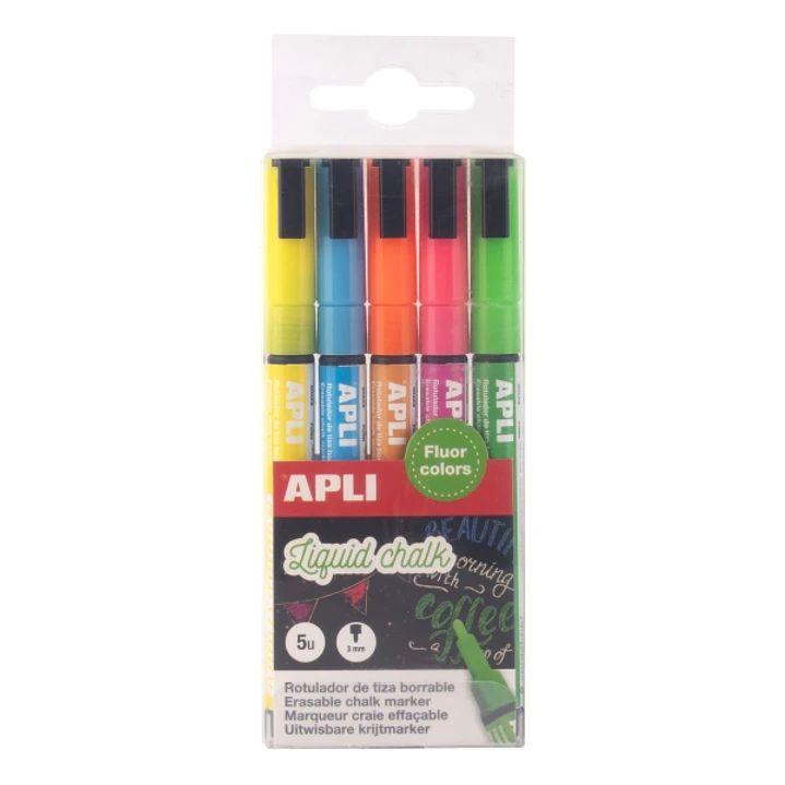 Apli Pack de 5 Rotuladores de Tiza Liquida - Punta Redonda 3mm - Secado Rapido - Colores Fluor Surtidos 1