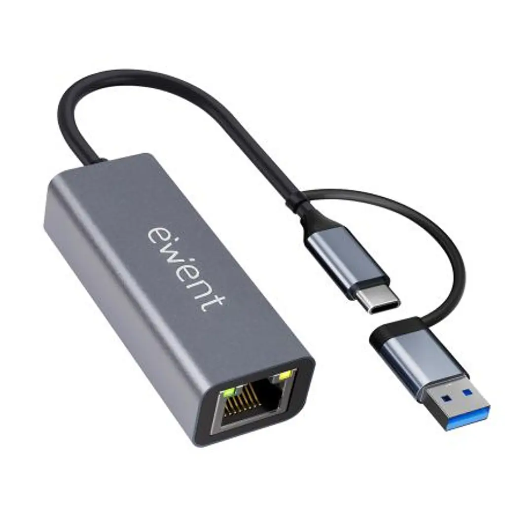 Ewent Adaptador de Red USB-C + USB-A a Ethernet Gigabit 10/100/1000 Mbps - 15 cm - Color Gris 1