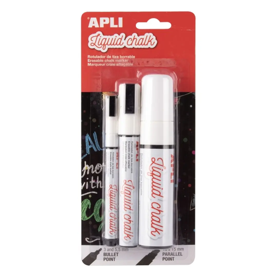 Apli Pack de 3 Rotuladores de Tiza Liquida de Diferentes Puntas - Redonda 3 y 5,5mm y Biselada - Secado Rapido - Color Blanco 1