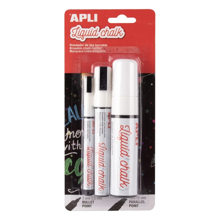 Apli Pack de 3 Rotuladores de Tiza Liquida de Diferentes Puntas - Redonda 3 y 5,5mm y Biselada - Secado Rapido - Color Blanco 1