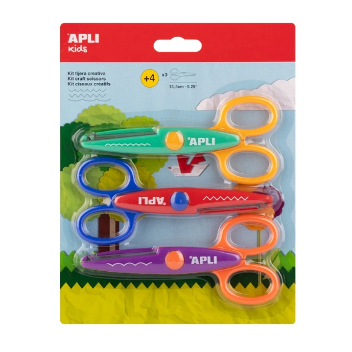 Apli Kids Pack con 3 Tijeras Escolares Creativas 13.5cm - 3 Cortes Distintos: Curva, Dentada y Zig Zag - Colores Surtidos 1