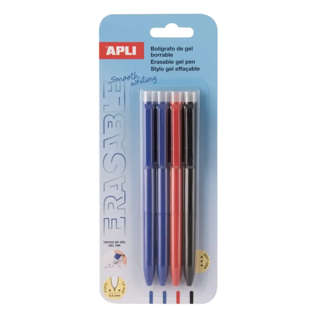 Apli Erasable Gel Blister con 4 Boligrafos de Tinta Gel Borrables cada Uno - Punta de 0,5mm - Zona de Agarre de Silicona - Colores Azul, Negro y Rojo 1