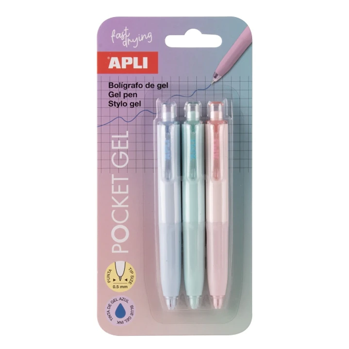 Apli Pocket Gel Blister de 3 Mini Boligrafos de Tinta Gel Retractiles - Tinta Color Azul - Cuerpo de Diferentes Colores Pastel 1