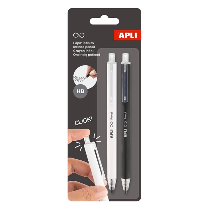 Apli Infinite Pencil Pack con 2 Lapices Infinitos Retractiles HB - Colores Blanco y Negro 1