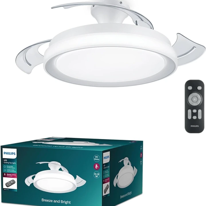 Philips Bliss DC Fan Ceiling Ventilador de Techo con Luz LED Hasta 6500K - Aspas Retractiles - 35W Ventilador + 28W Luz - Sparkle -  Mando a Distancia 1