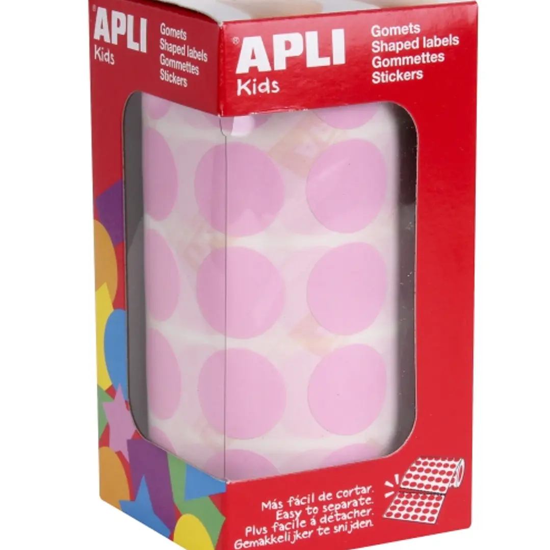 Apli Rollo de 1.770 Gomets Redondos Ø 20mm - Adhesivo Permanente Base Agua - Libre de Disolventes - Color Rosa Claro 1