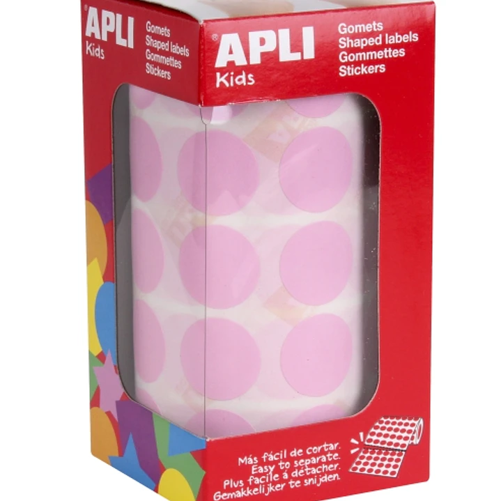 Apli Rollo de 1.770 Gomets Redondos Ø 20mm - Adhesivo Permanente Base Agua - Libre de Disolventes - Color Rosa Claro 1
