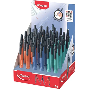 Maped Duo+Pen Expositor con 24 Compases Duo - Compas que se puede Utilizar como Portaminas - Clip de Bolsillo - Colores Surtidos