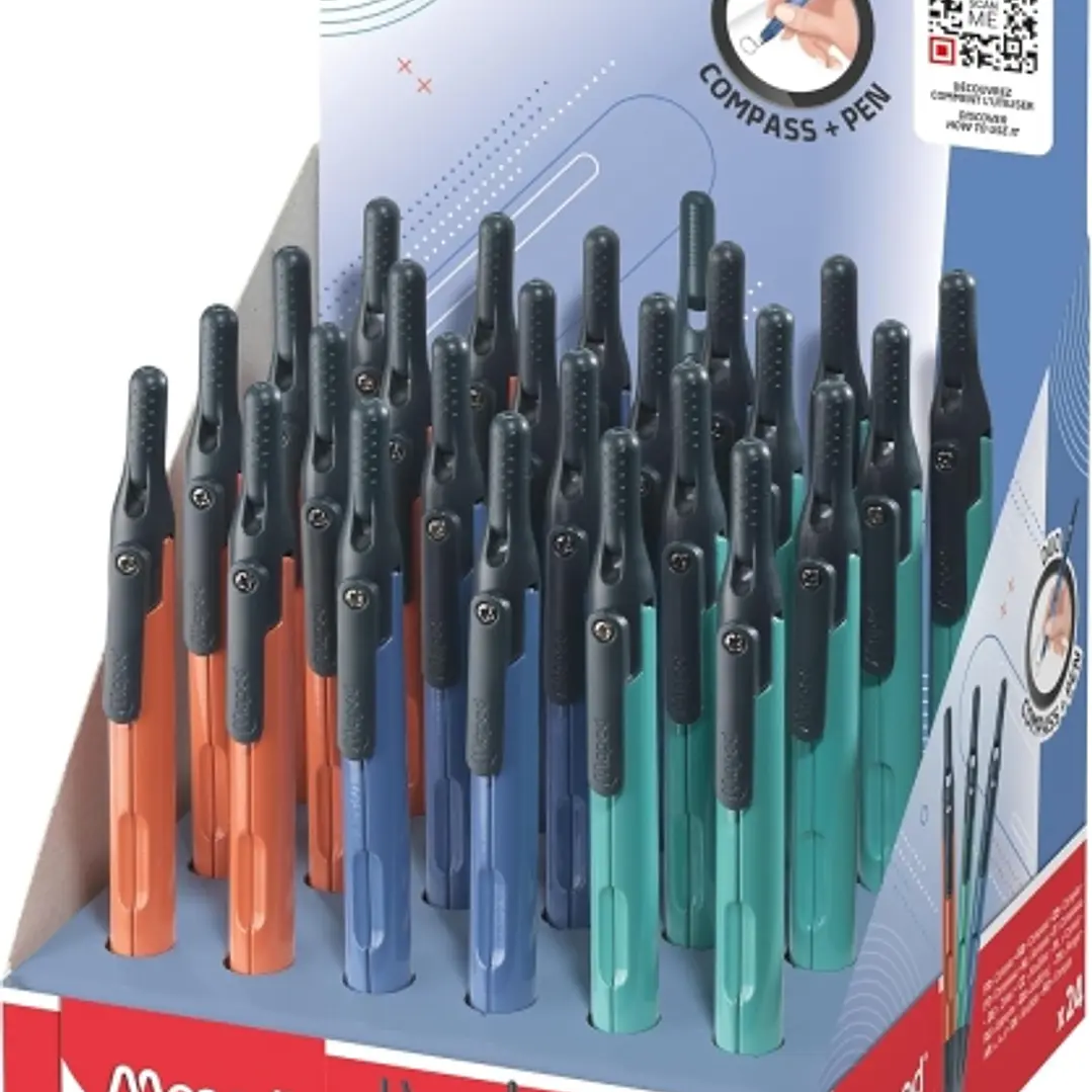Maped Duo+Pen Expositor con 24 Compases Duo - Compas que se puede Utilizar como Portaminas - Clip de Bolsillo - Colores Surtidos 1