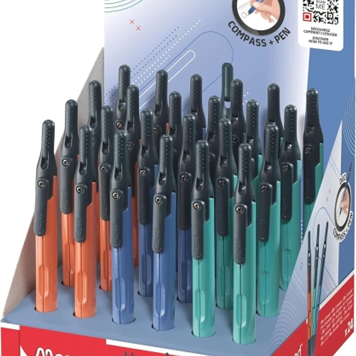 Maped Duo+Pen Expositor con 24 Compases Duo - Compas que se puede Utilizar como Portaminas - Clip de Bolsillo - Colores Surtidos 1