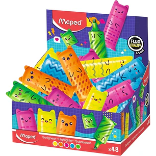 Maped Kawaii Expositor con 48 Mini Marcadores Fluorescentes Neon - Divertidos Diseños Kawaii - Trazo de 1 a 5mm - Ideal para Subrayar y Resaltar - Col
