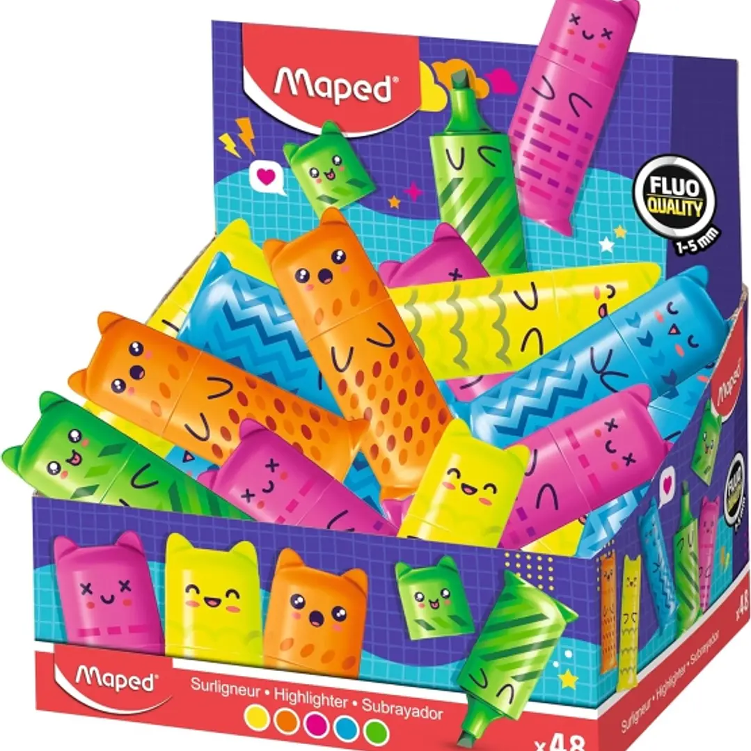 Maped Kawaii Expositor con 48 Mini Marcadores Fluorescentes Neon - Divertidos Diseños Kawaii - Trazo de 1 a 5mm - Ideal para Subrayar y Resaltar - Col 1