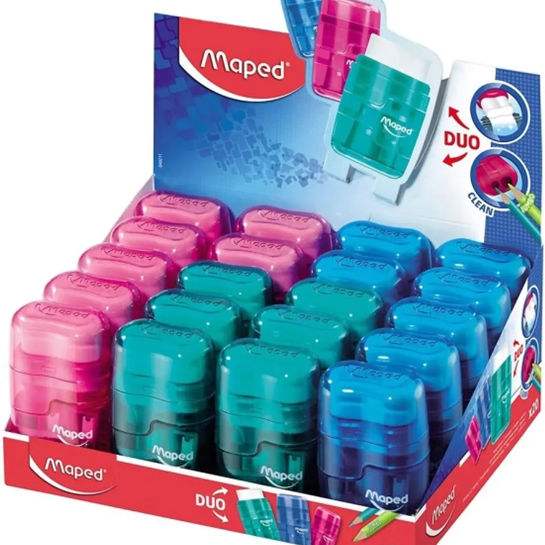 Maped Connect Duo Afilaborra de 2 Orificio con Goma de Borrar - Deposito de Gran Capacidad - Forma Ergonomica - Cuerpo Translucido de Colores Surtidos 1