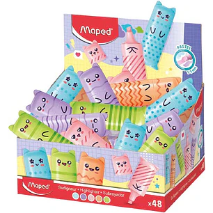 Maped Kawaii Expositor con 48 Mini Marcadores Fluorescentes Pastel - Divertidos Diseños Kawaii - Trazo de 1 a 5mm - Ideal para Subrayar y Resaltar - C