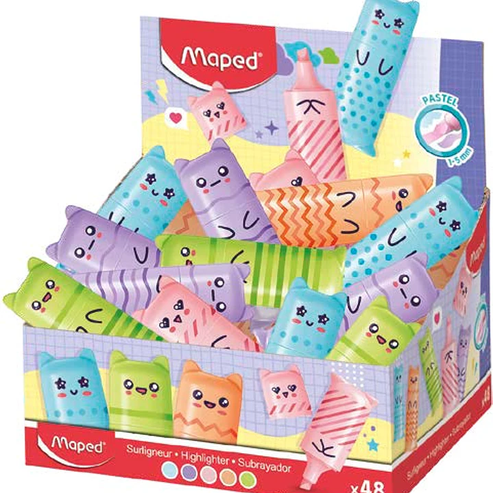 Maped Kawaii Expositor con 48 Mini Marcadores Fluorescentes Pastel - Divertidos Diseños Kawaii - Trazo de 1 a 5mm - Ideal para Subrayar y Resaltar - C 1