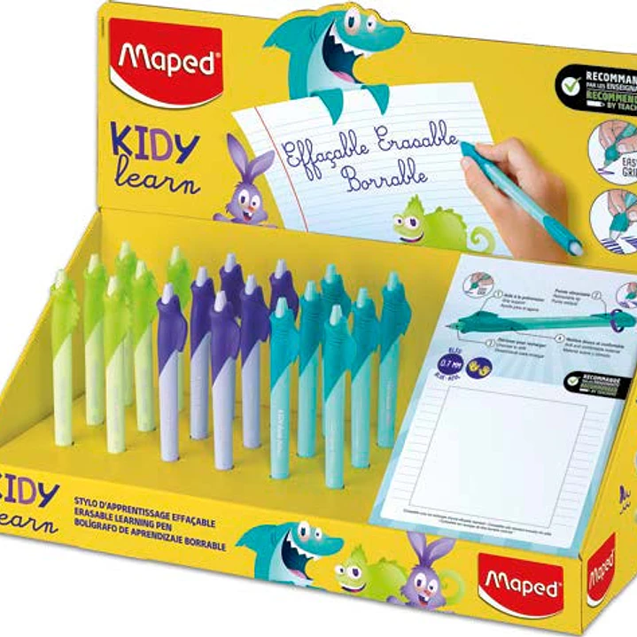 Maped Kidy Lern Magic Expositor con 18 Boligrafos Borrables con Guia para Dedos - Modelos Tiburon, Conejo y Camaleon - Tinta Color Azul - Recomendado  1